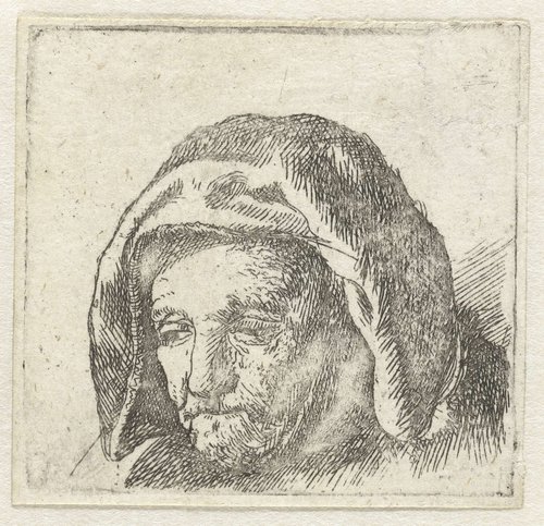 Moeder van de kunstenaar met een hoofddoek, de blik omlaag, alleen haar hoofd