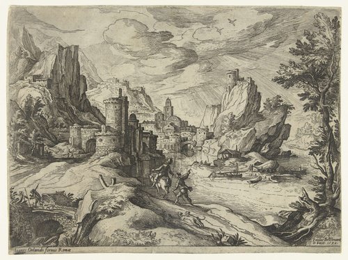 Rotskust in Campania met stad en reizigers