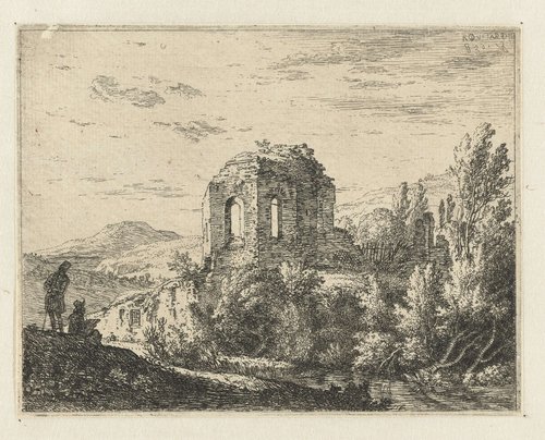 Landschap met ruïnes van een tempel en twee tekenaars