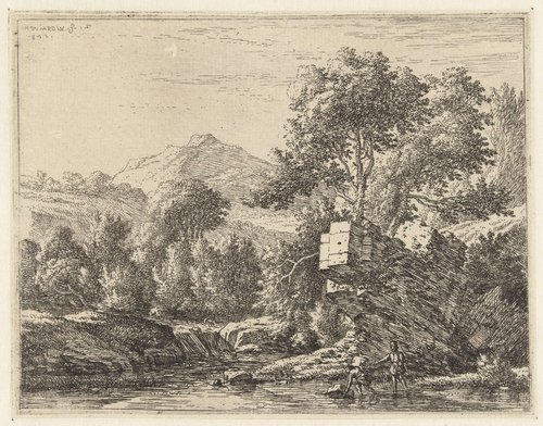 Twee mannen bij een steen in het water