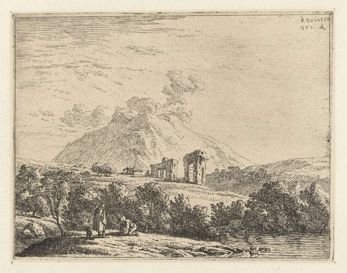 Landschap met ruïne en twee mannen met een hond