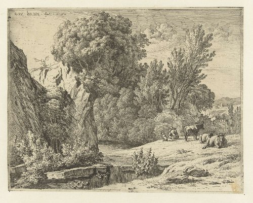 Landschap met herder en drie koeien