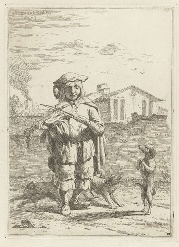 Vioolspeler met drie honden