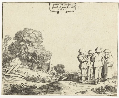 Landschap met drie boeren en een boerin