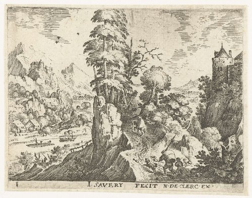 Landschap met reizigers op steile rots