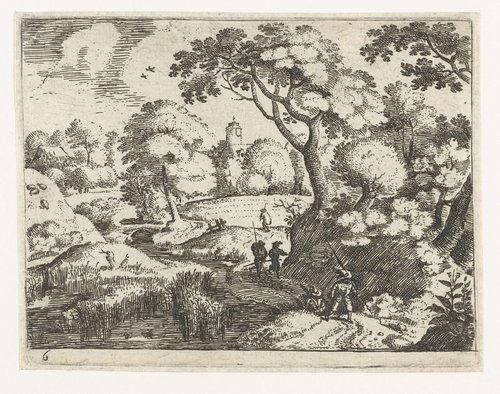 Zes landschappen met reizigers