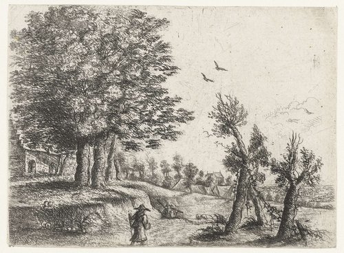 Landschap met een vrouw en een fluitspelende herder