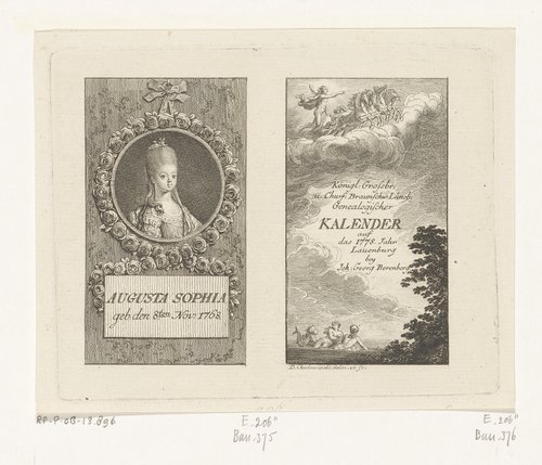 Portret van Augusta Sophia en Apollo in de zonnewagen by Daniel Nikolaus Chodowiecki