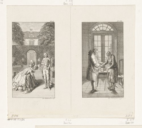Frau von Weesen met Alexander en Lorchen in de tuin en Herr von Geldern en de oude man by Daniel Nikolaus Chodowiecki