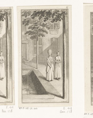 Twee vrouwen naast een vijver op een binnenplaats by Daniel Nikolaus Chodowiecki