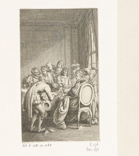 Pedro de Moya biedt Arsenie zijn manuscript aan by Daniel Nikolaus Chodowiecki