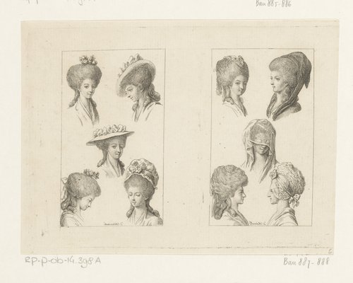 Twee voorstellingen met kapsels en hoofddeksels voor dames by Daniel Nikolaus Chodowiecki