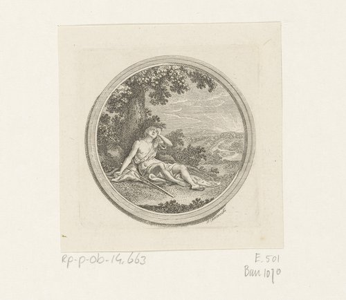 Jakob zittend onder een boom, in de verte de rijzende zon by Daniel Nikolaus Chodowiecki