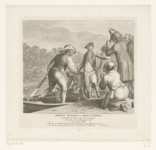 Hertog Leopold von Braunschweig gaat zijn dood in de Oder tegemoet by Daniel Nikolaus Chodowiecki