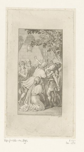 Orest valt in de handen van een soldaat als Pylades hem arresteert. Elektra zit smekend naast hen by Daniel Nikolaus Chodowiecki