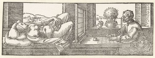 Een tekenaar tekent een vrouw by Albrecht Dürer
