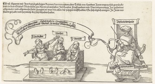 Gerechtigheid, Waarheid en Vernuft geketend; de onrechtvaardige rechter en de Vredelievendheid by Albrecht Dürer