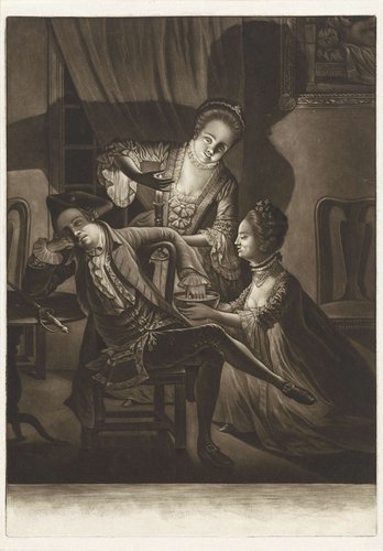 Twee vrouwen houden de hand van een slapende man in het water