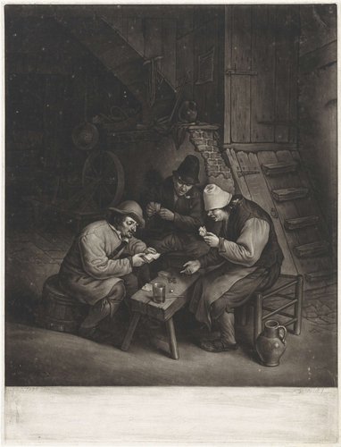 Herbergscène met drie kaartende boeren