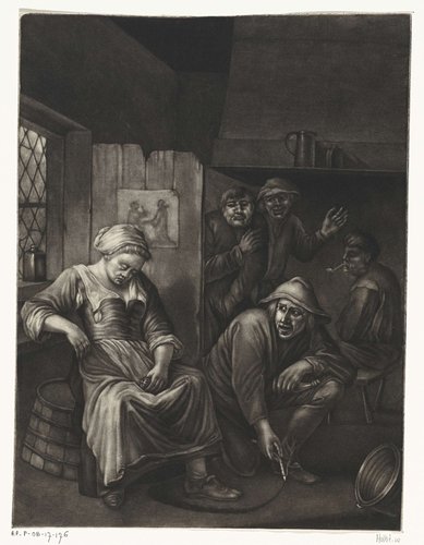 Slapende vrouw en een man met een lijn kruit