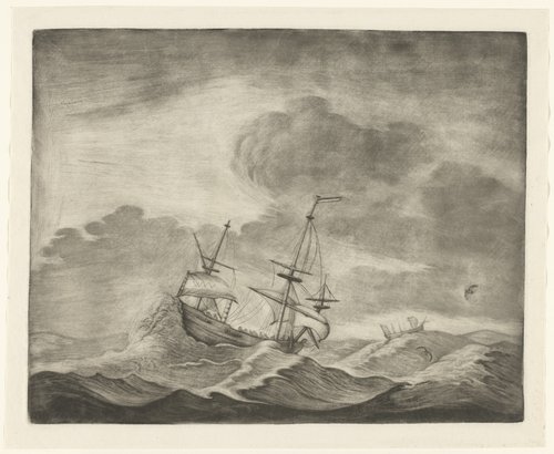 Zeegezicht met twee schepen in een storm