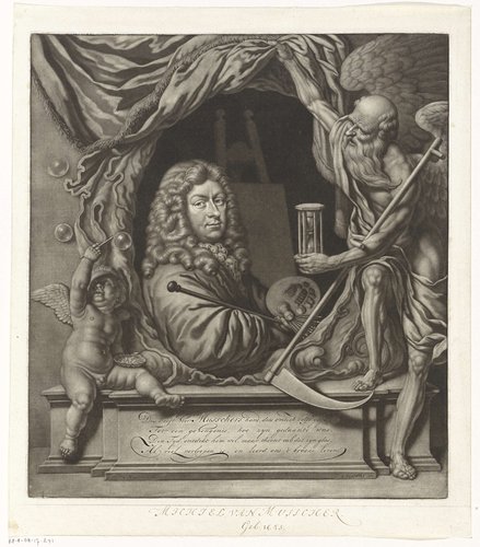 Zelfportret van Michiel van Musscher in allegorische omlijsting