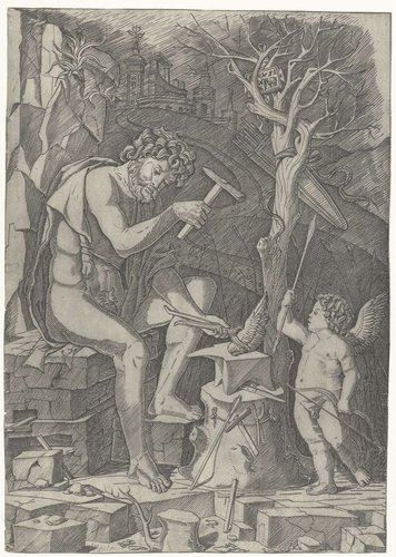 Vulcanus smeedt de vleugel van Cupido