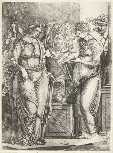 Vier vrouwen offeren jongen bij beeld van Priapus by Jacopo de'Barbari