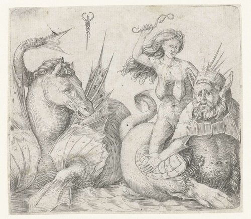 Oude vrouw op rug van triton naast hippocampus