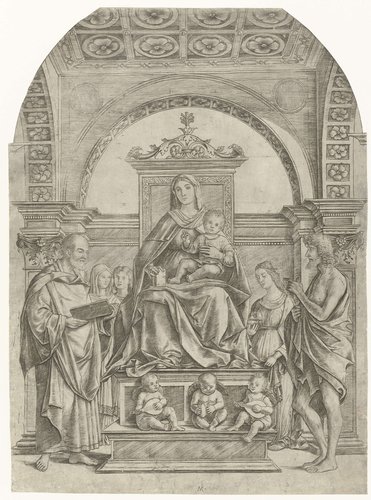 Maria met kind zittend op een troon tussen Petrus en Johannes de Doper met musicerende engelen en drie vrouwelijke heiligen op de achtergrond