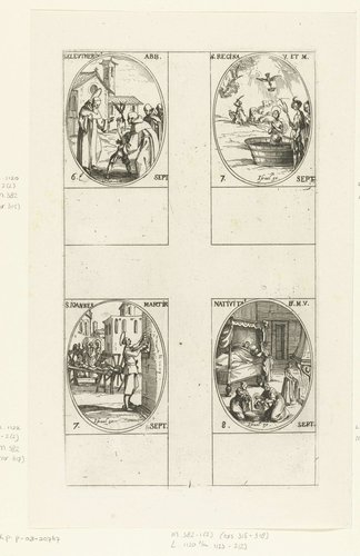 Heilige Eleutherius van Spoleto, Heilige Regina van Alise-Sainte-Reine, Heilige Johannes Martyr, Geboorte van Maria (Maria-Geboorte) (6-8 september) by Jacques Callot