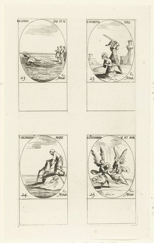 Heilige Clemens I, Heilige Lucretia van Mérida, Heilige Chrysogonus van Aquileia, Heilige Catharina van Alexandrië (23-25 november) by Jacques Callot