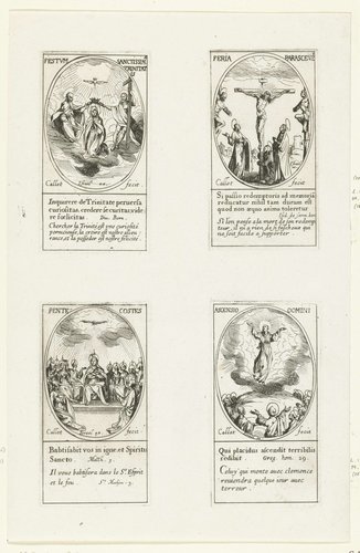 Maria door de Heilige Drie-eenheid gekroond (Drievuldigheidszondag), Kruisiging (Goede Vrijdag), Neerdaling van de Heilige Geest (Pinksteren), Hemelvaart van Christus (Hemelvaart) by Jacques Callot