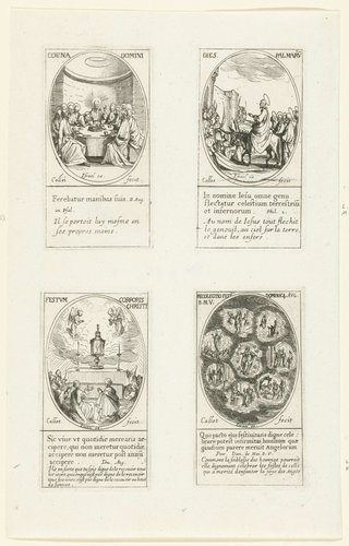 Laatste Avondmaal (Witte Donderdag), Intocht in Jeruzalem (Palmpasen), Aanbidding van de hostie (Sacramentsdag), Maria te midden van zeven scènes uit haar leven (Mariafeesten) by Jacques Callot