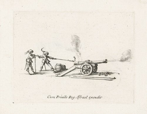 Exercities met een kanon: afvuren van een kanon by Jacques Callot