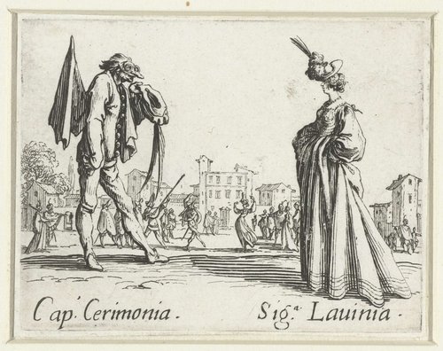 Twee straatartiesten als Capitano Cerimonia en Signora Lavinia by Jacques Callot