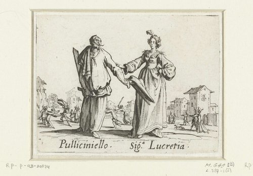 Twee straatartiesten als Pulliciniello en Signora Lucretia by Jacques Callot