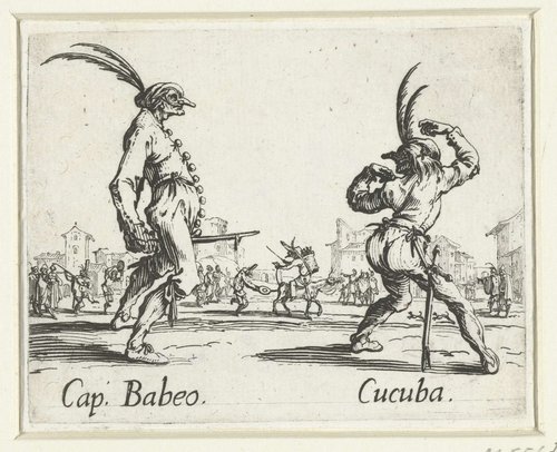 Twee straatartiesten als Capitano Babeo en Cucuba by Jacques Callot