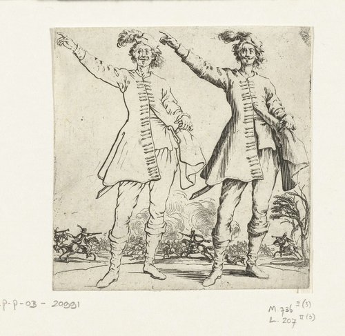 Tweemaal dezelfde soldaat met kleine gepluimde hoed en opgeheven arm, van voren gezien by Jacques Callot
