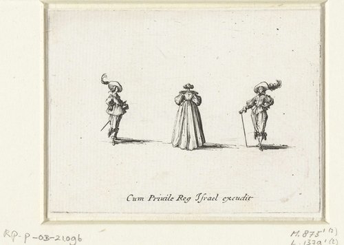 Dame, op rug gezien, tussen twee heren by Jacques Callot