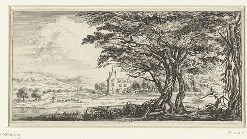 Landschap met een grote boom en een jager