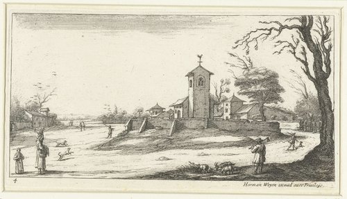 Landschap met een kerk, op de toren gezien