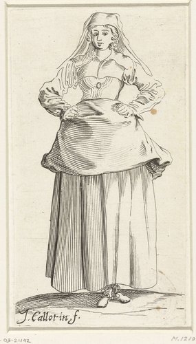 Vrouw in Franse landelijke kleding ca. 1620-1625, de handen in de zij