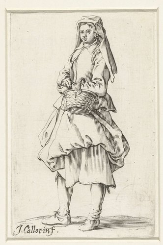 Vrouw in Franse landelijke kleding ca. 1620-1625, mand aan de arm