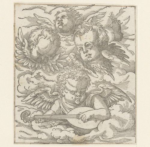Drie cherubijnen en een putto met een luit