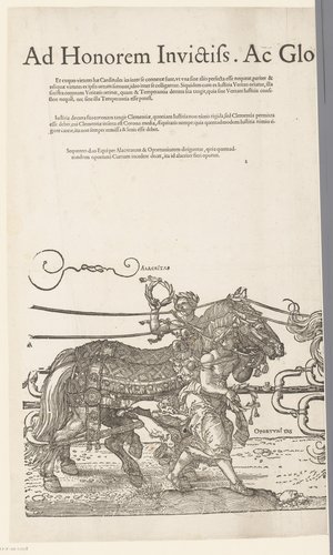 Triumphalis hic Currus Ad Honorem Invictiss. Ac Gloriosissimi Principis D. Maximiliani Caesaris Semper Augusti concinnatus est, Ac per Albertum Durer Deliniatus