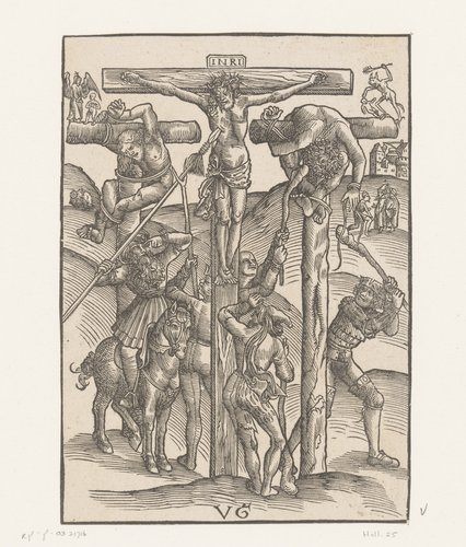 Longinus steekt Christus met zijn speer en de ledematen van de misdadigers worden gebroken