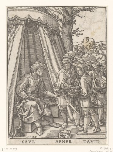 David met Abner toont Saul het hoofd van Goliath