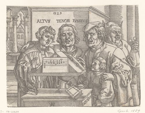 Mannenkwartet: Discantus, Altus, Tenor, Bassus, met nar