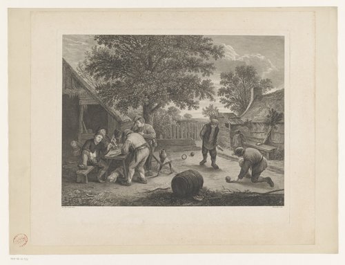 Erf met drinkende en balspelende mensen